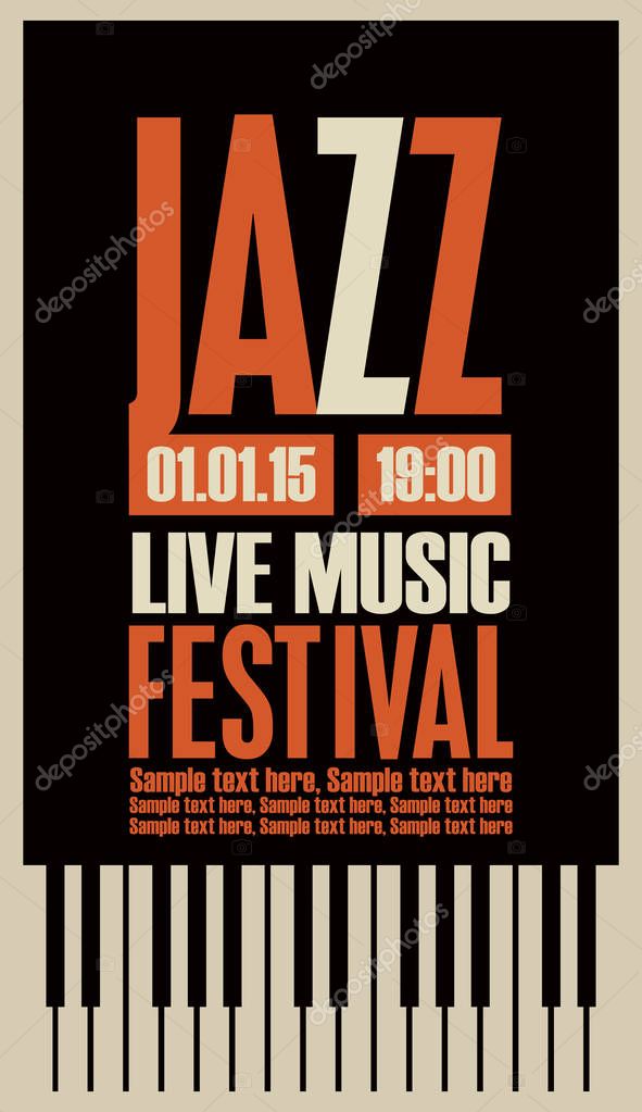 Vector poster for a jazz festival live music with piano keys and place for text in retro style on black background