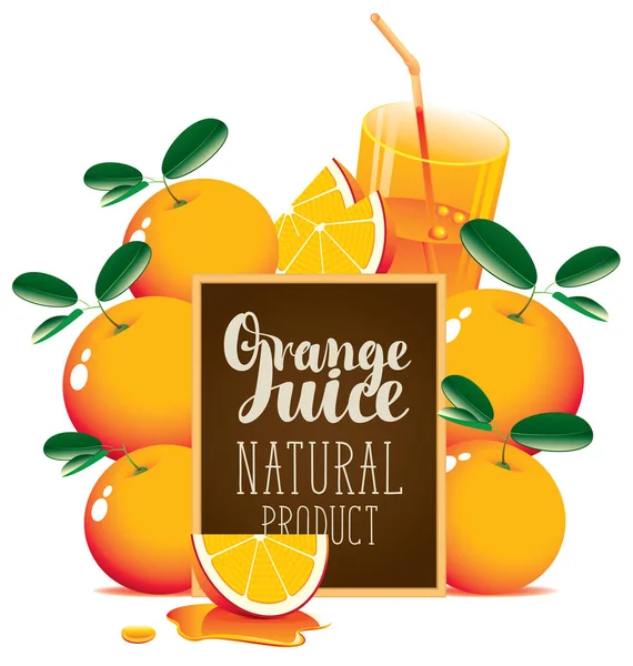Pancarta de zumo de naranja con naranjas y pizarra — Vector de stock
