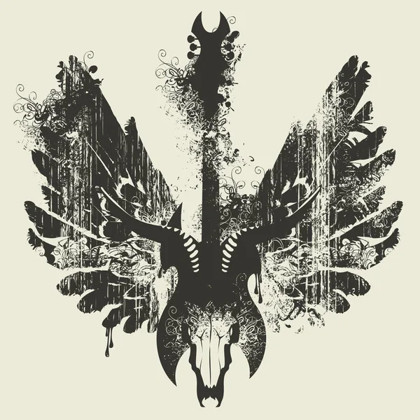 Illustration mit E-Gitarre, Totenkopf und Flügeln — Stockvektor