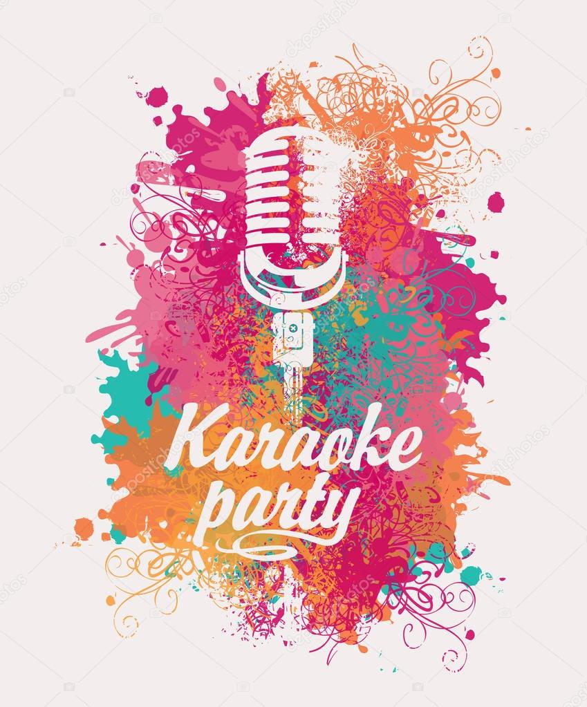 banner for karaoke party with mic on colored spots