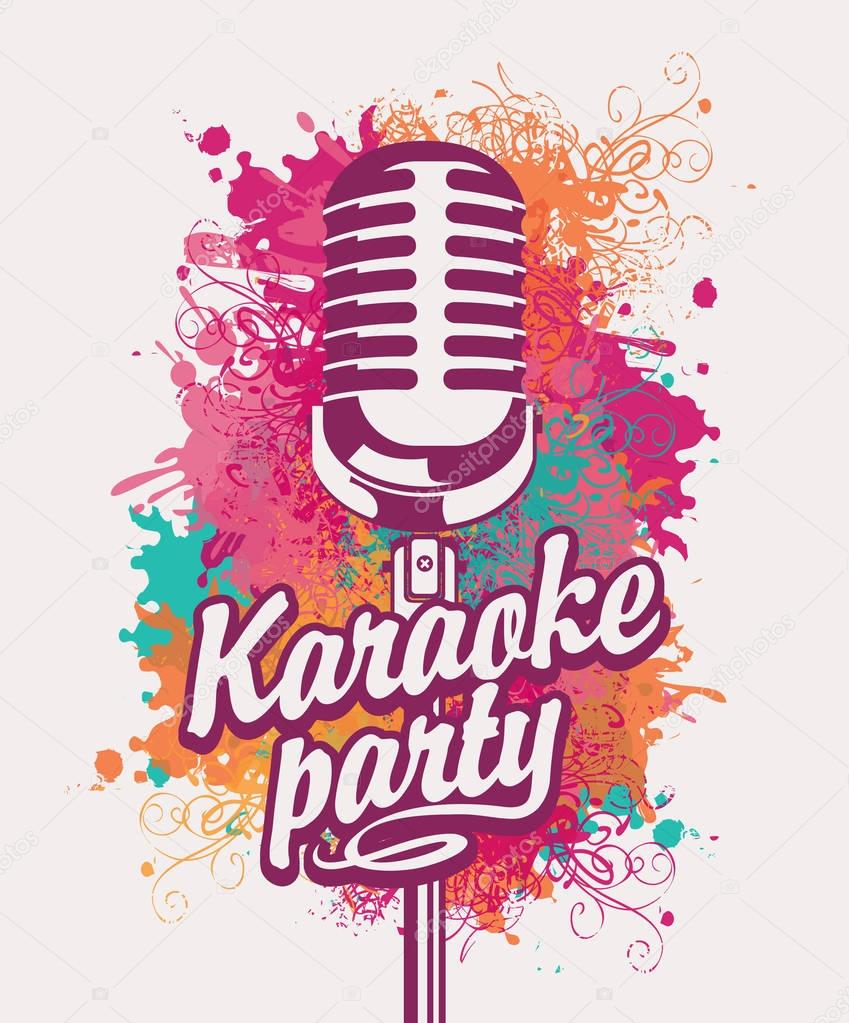 banner for karaoke party with mic on colored spots