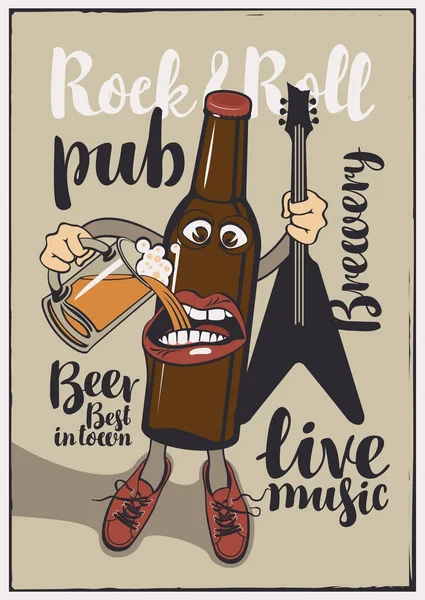 Bannière pour pub Rock-n-roll avec bouteille de bière drôle — Image vectorielle