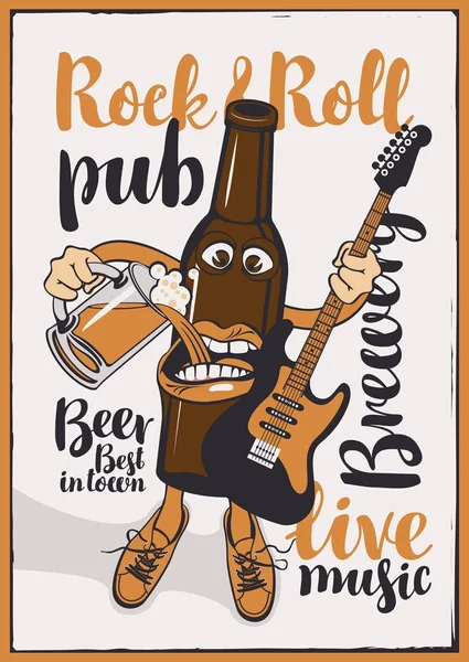 Pancarta para Rock-n-roll pub con divertida botella de cerveza — Vector de stock
