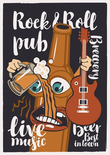 Баннер для Rock-n-roll паба с забавной бутылкой пива — стоковый вектор