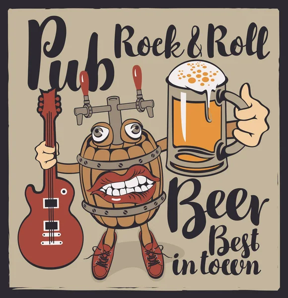 Πανό για pub Rock-n-roll με αστεία μπύρας βαρέλι — Διανυσματικό Αρχείο