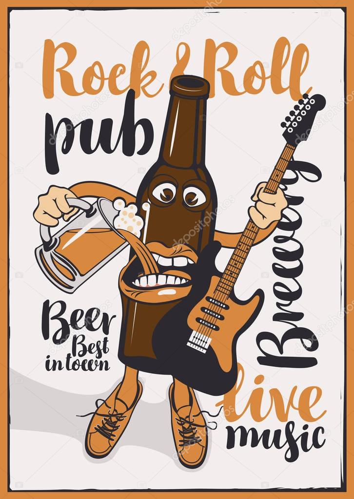 banner for Rock-n-roll pub with funny beer bottle