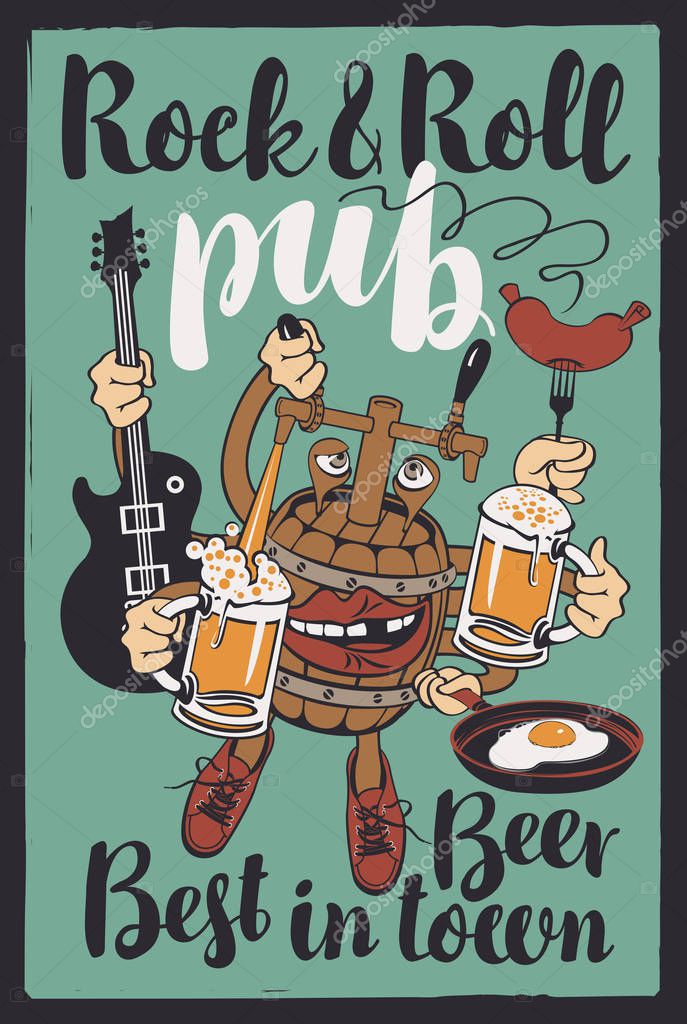 Vector banner with inscriptions Rock-n-roll pub, best beer in town. Illustration with a fun beer monster in the form of a barrel that holds the glasses with beer, guitar and various food
