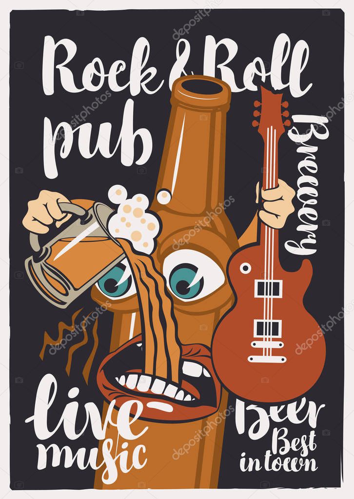 banner for Rock-n-roll pub with funny beer bottle