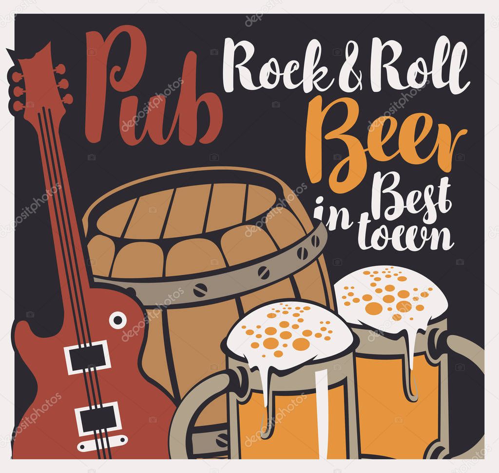 banner with wooden keg, beer glasses and guitar