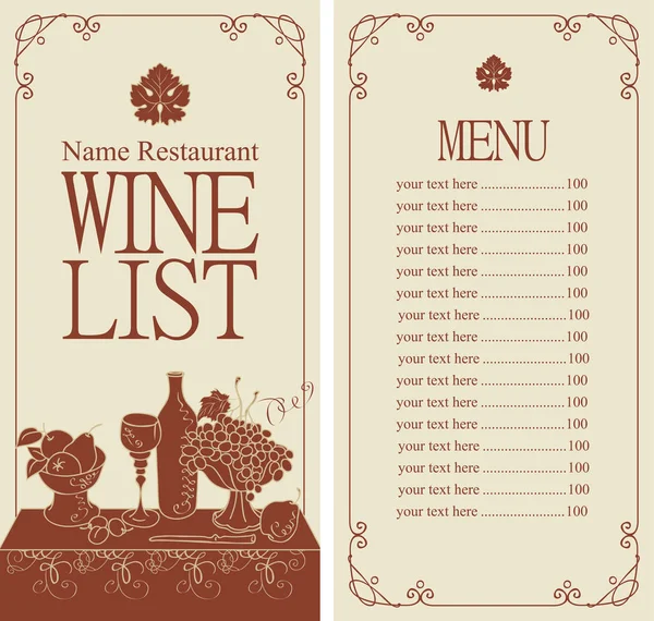 矢量葡萄酒菜单与价格列表和静物 — 图库矢量图片