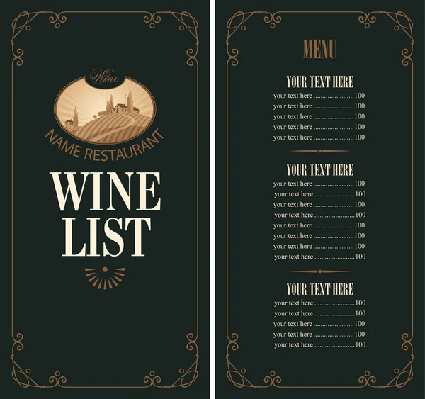 Carta dei vini con listino prezzi e panorama della vigna — Vettoriale Stock