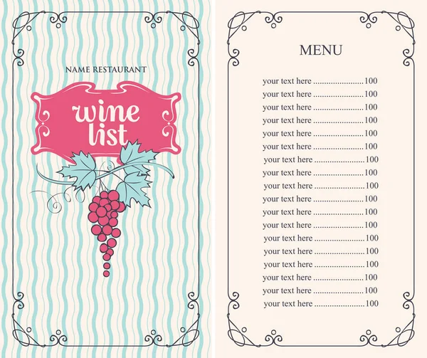 Menu des vins avec liste de prix et un bouquet de raisins — Image vectorielle