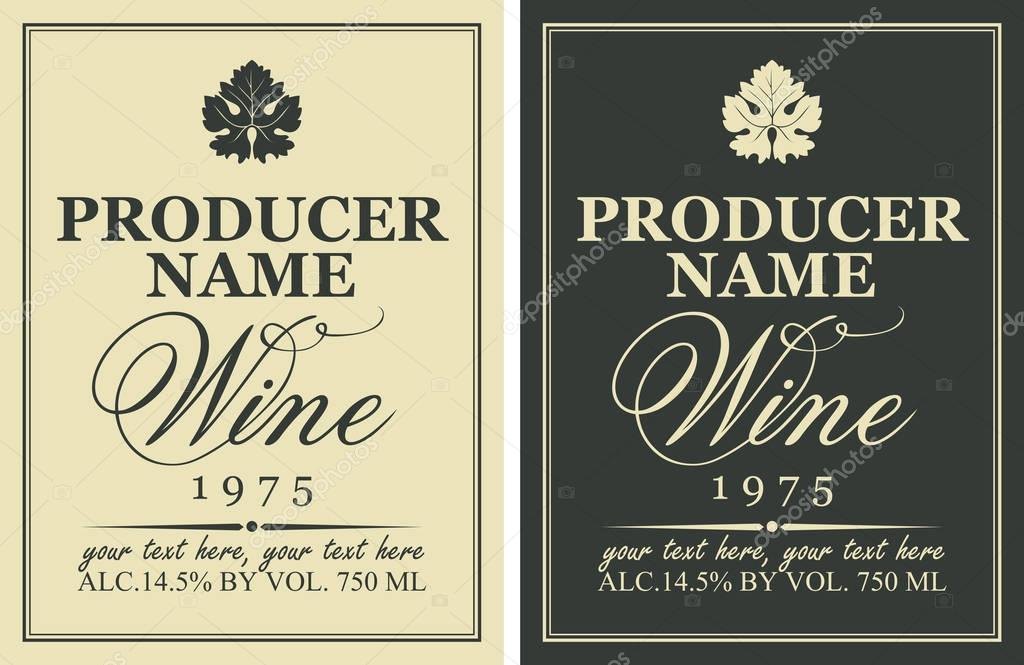 Set of two vector wine labels with vine leaves and calligraphic inscriptions with place for text