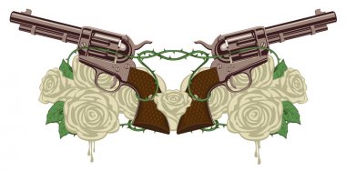 iki büyük eski tabancalar, beyaz gül ve dikenli tel