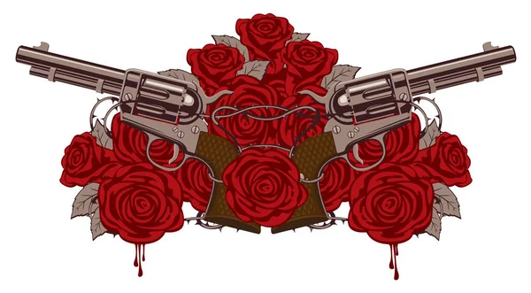 Deux grands vieux revolvers, roses rouges et fils barbelés — Image vectorielle