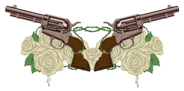 Zwei große alte Revolver, weiße Rosen und Stacheldraht — Stockvektor
