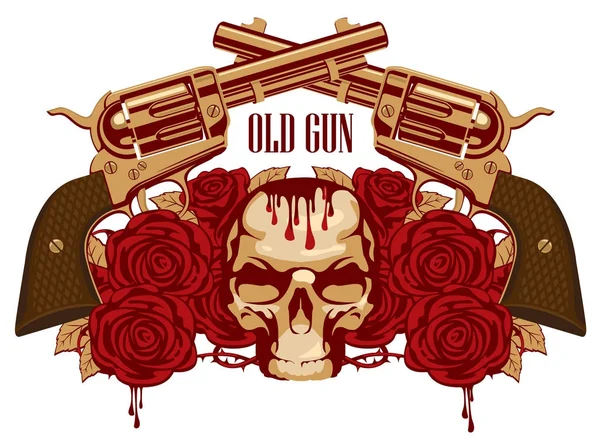 Emblème avec crâne humain, roses rouges et pistolets — Image vectorielle