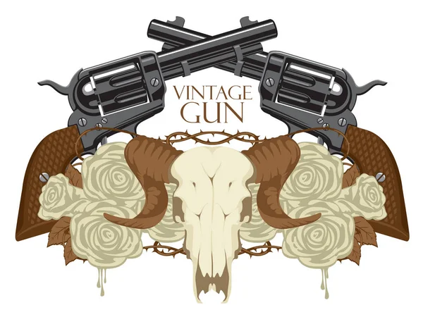 Emblème avec crâne de mouton, roses et pistolets — Image vectorielle