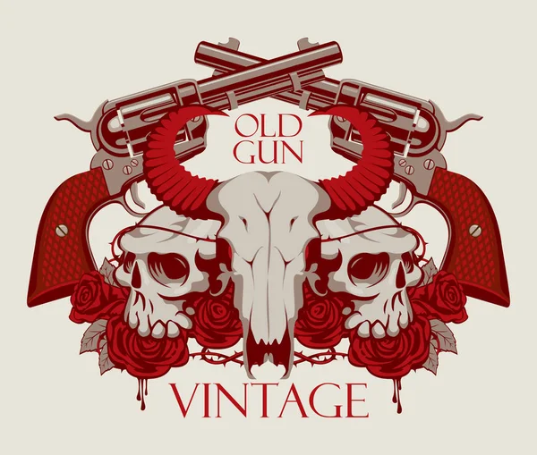 Emblema con cráneo de vaca y humano, rosas y pistolas — Vector de stock