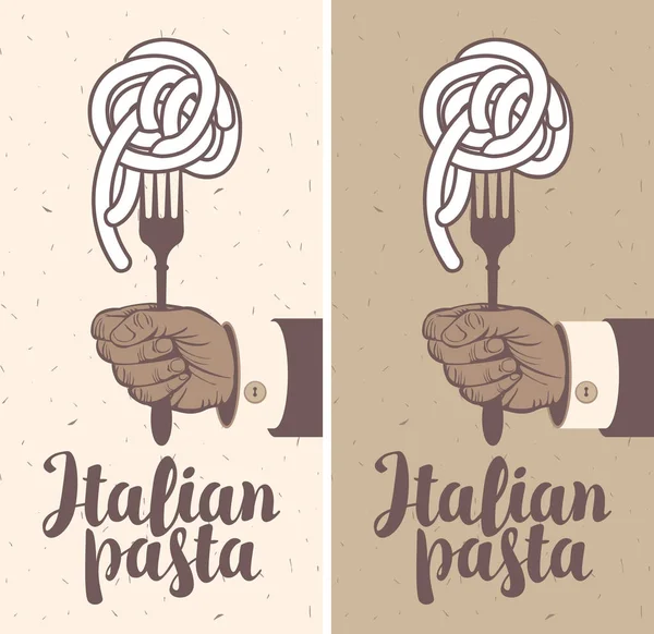 Vector banner with Italian pasta on fork in a hand — Stock Vector