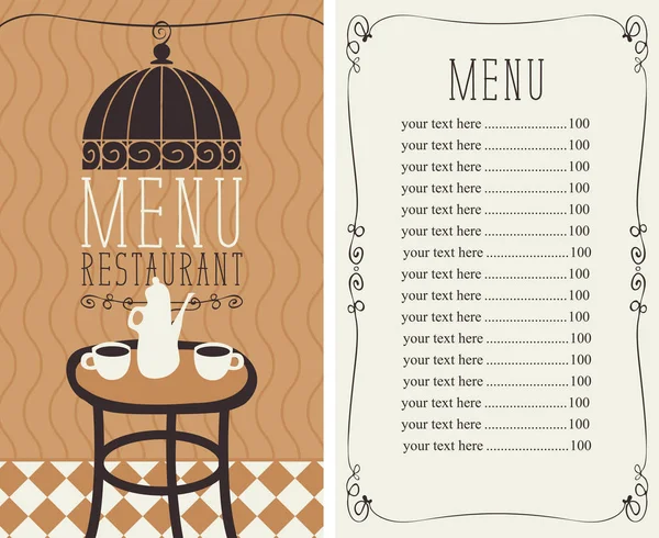 Menu for the cafe with price list and served table — Stock Vector