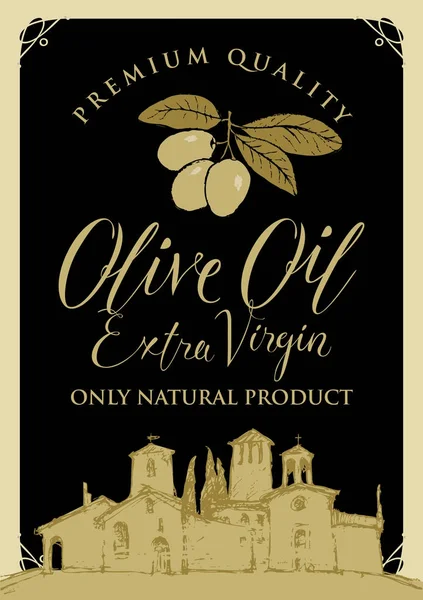 Pancarta de aceite de oliva con paisaje rural — Vector de stock