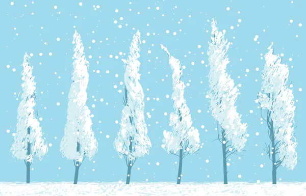 Paisaje invernal con árboles nevados en el fondo del cielo — Vector de stock