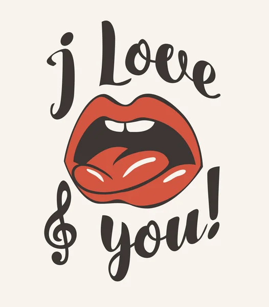 Inscription I love you with open mouth and tongue — Stock Vector
