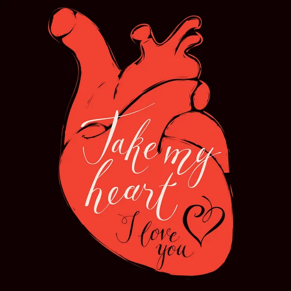Alla hjärtans-kort med mänskliga hjärtat och inskriptioner — Stock vektor