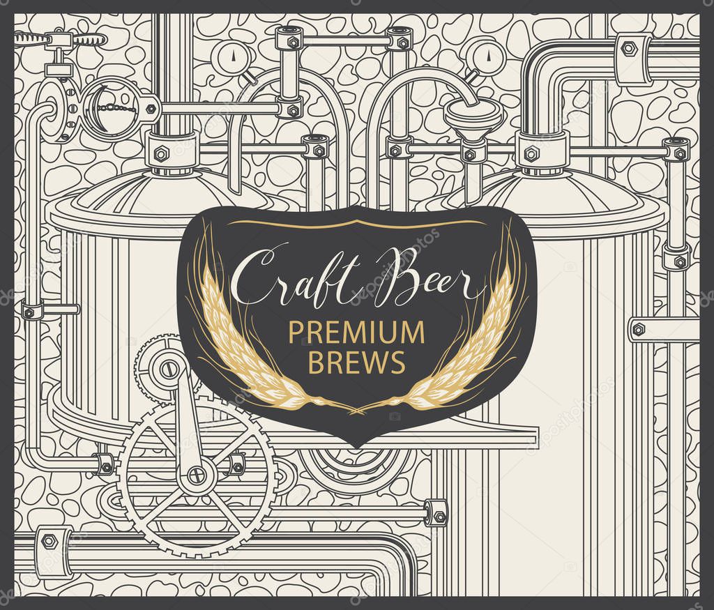 Vector banner for craft beer and brewery, with a handwritten inscription and spikelets on the background illustration of the production line of the brewery in retro style