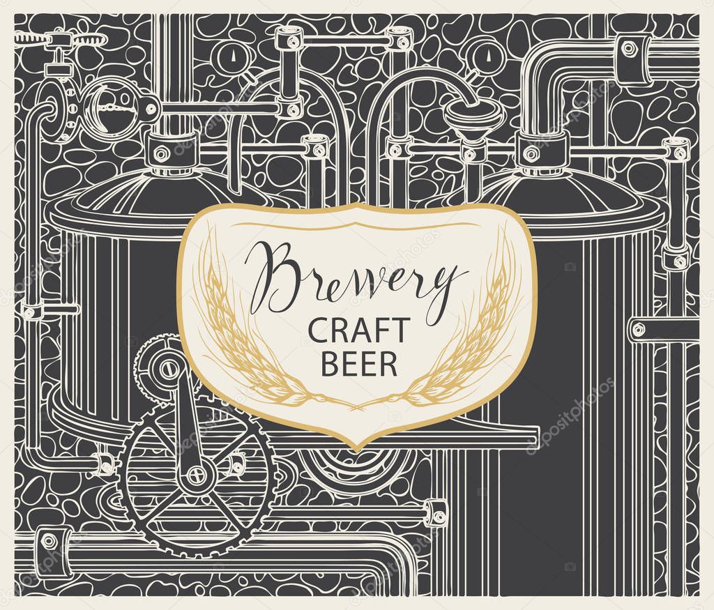 Vector banner for brewery and craft beer, with a handwritten inscription and spikelets on the background illustration of the production line and brewing equipment in retro style