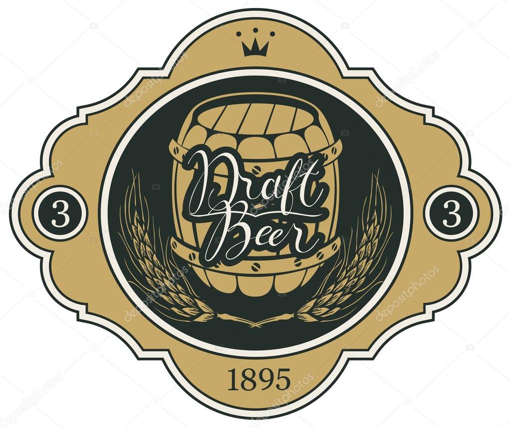 beer label with ears of wheat and wooden barrel