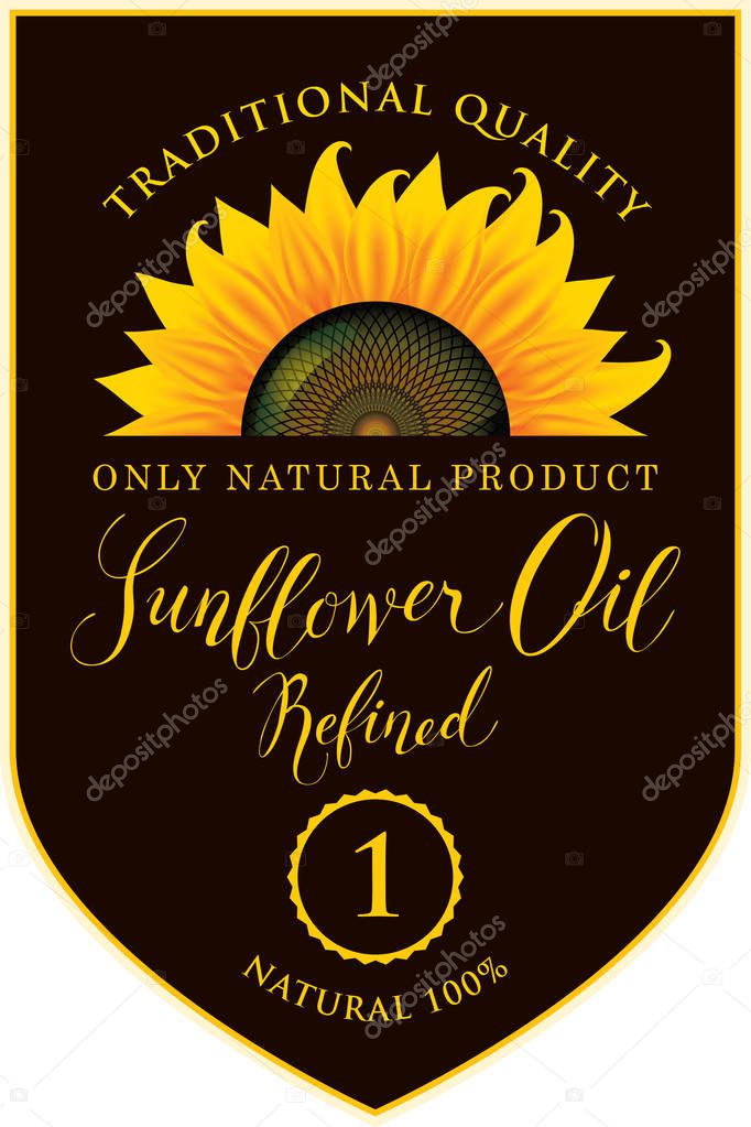 Vector label for refined sunflower oil with sunflower and handwritten inscription on black background
