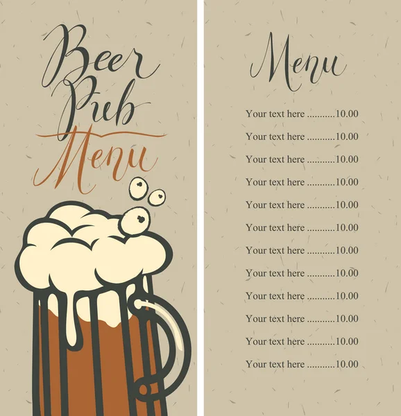 Μενού για μπαρ με λίστα τιμών και το ποτήρι της μπύρας — Διανυσματικό Αρχείο