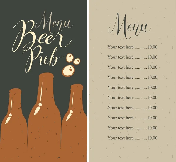 Menu pub bière avec bouteilles et liste des prix — Image vectorielle