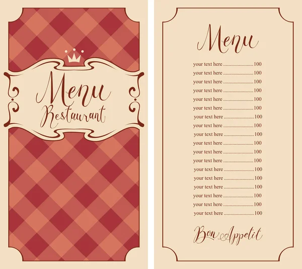 Checkered menu for restaurant with price and crown — Stock Vector