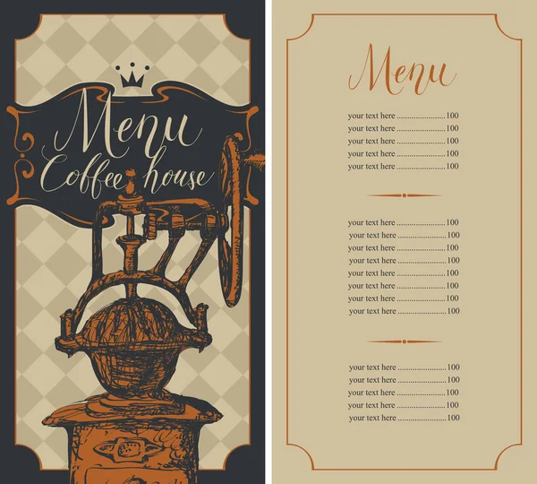 Menu casa de café com lista de preços e café moinho — Vetor de Stock