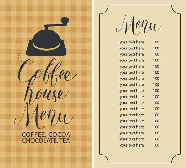 Menú de cafetería con lista de precios y molino de café — Vector de stock