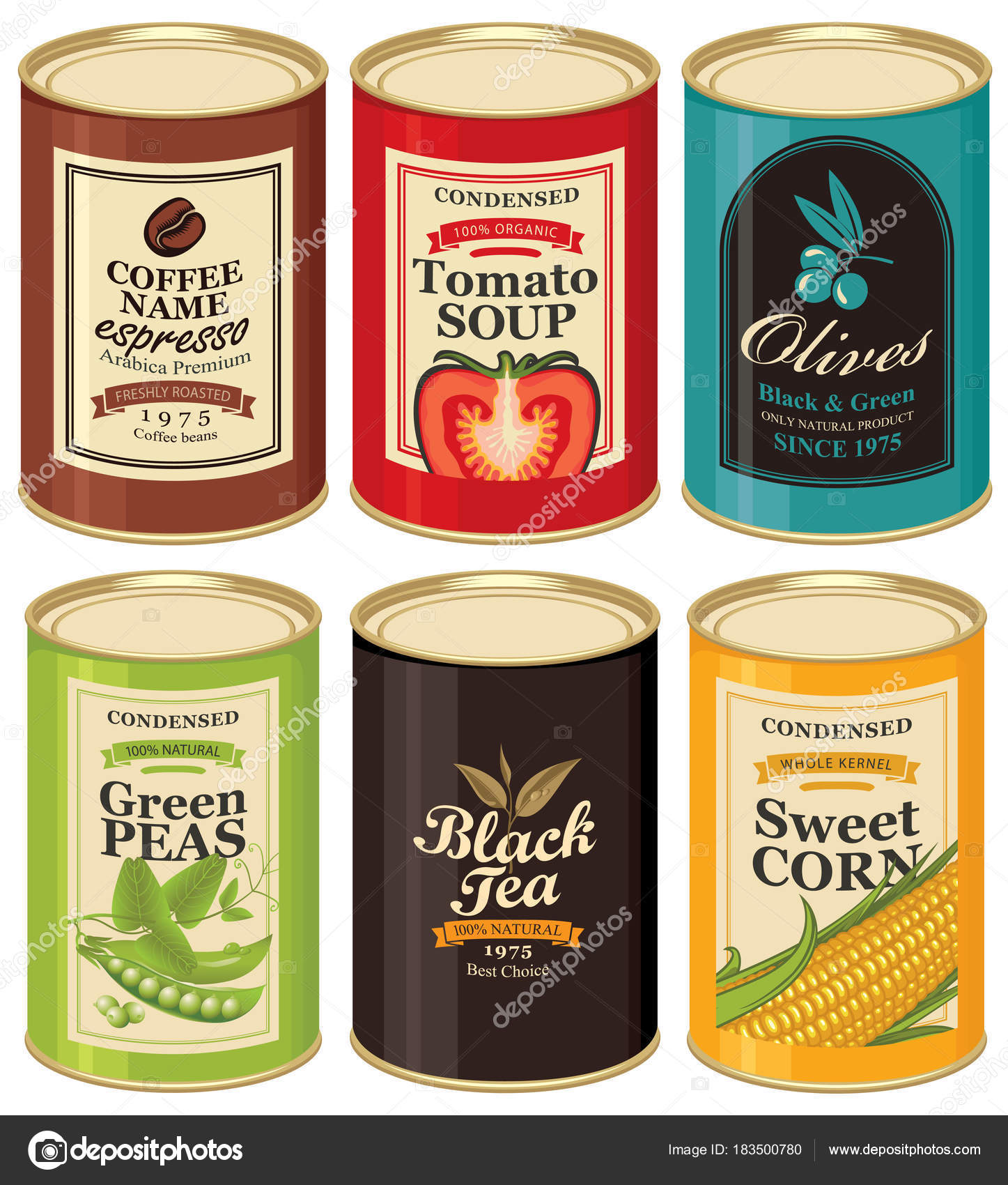 Set vector illustrations of a tin cans with labels — Stock Vector