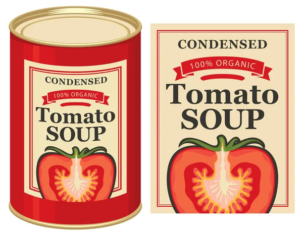 Illustration d'une boîte de conserve avec étiquette soupe de tomate — Image vectorielle