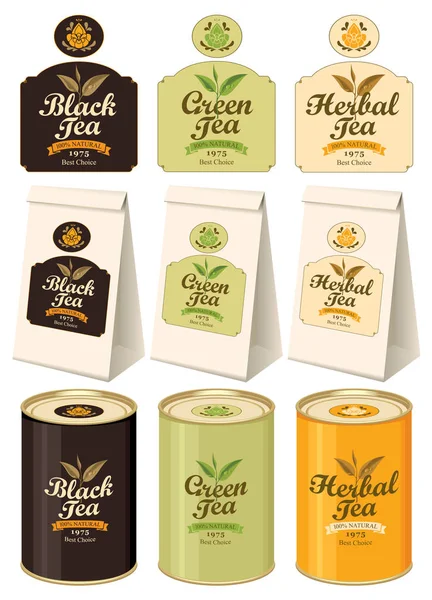 Banners, etiketten, papier pakketten en blikken van thee — Stockvector