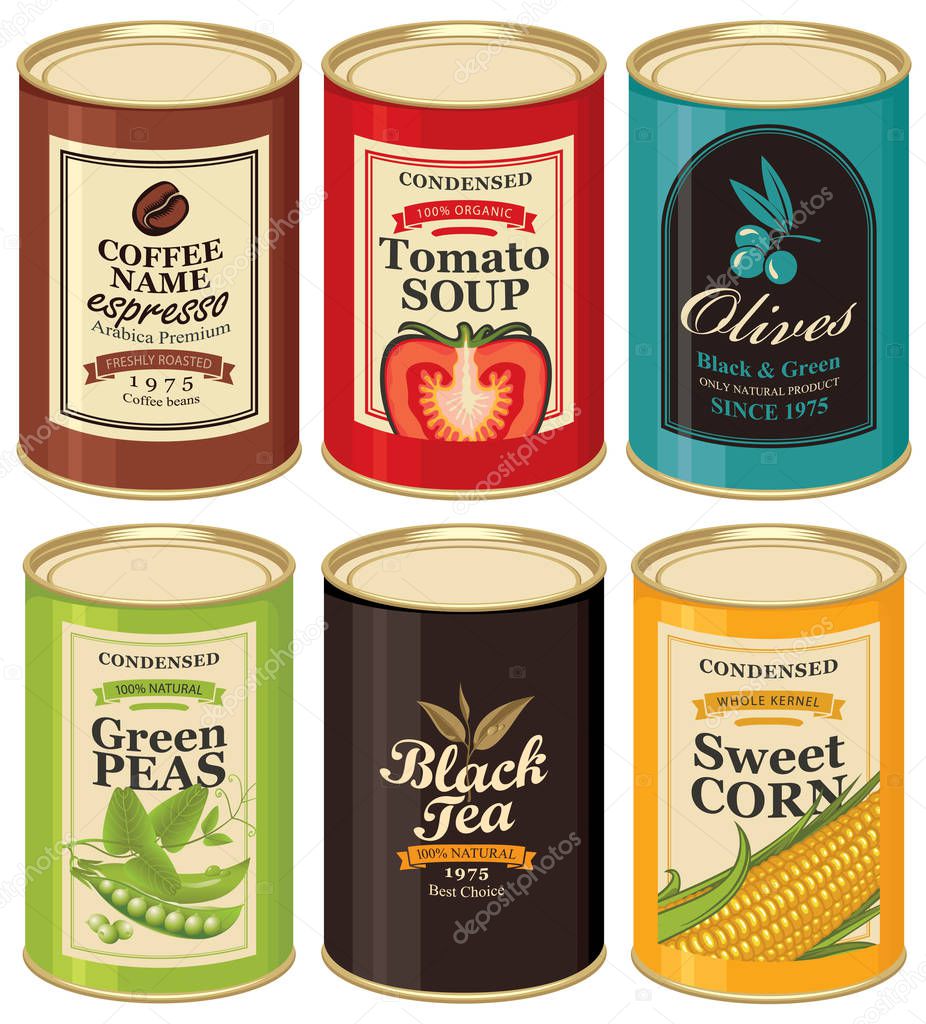 Set vector illustrations of a tin cans with labels