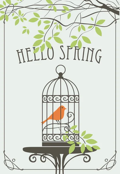 Banner de primavera con pájaro en jaula bajo árbol verde — Vector de stock