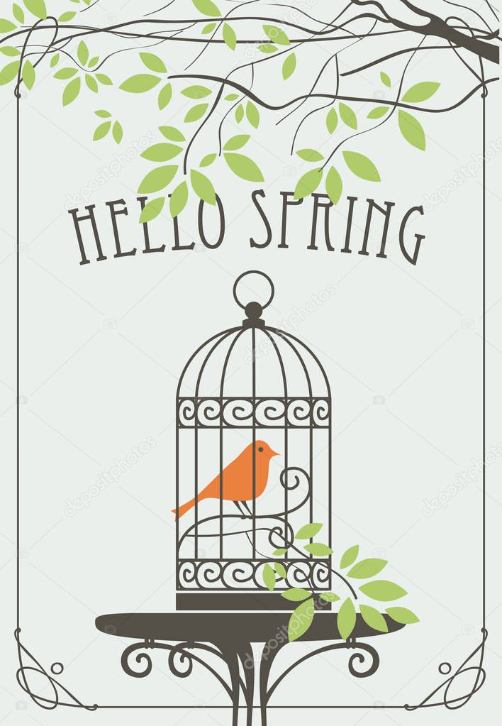 spring banner with bird in cage under green tree