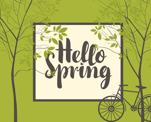 Frühlingslandschaft mit Bäumen, Fahrrad und Inschrift — Stockvektor