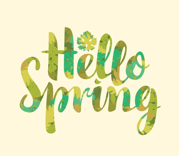 Inscription calligraphique Hello Spring avec feuille — Image vectorielle