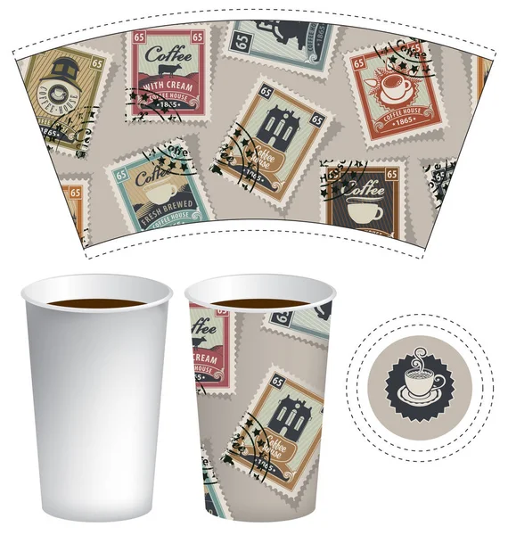 Taza de papel para bebida caliente con sellos postales — Vector de stock