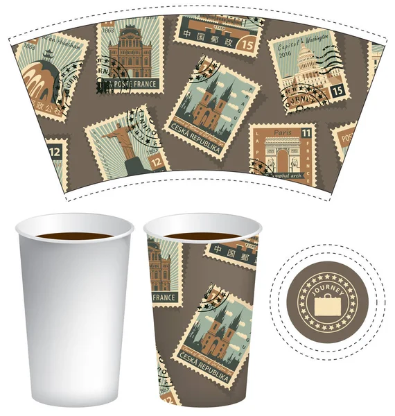 Taza de papel para bebida caliente con sellos postales — Archivo Imágenes Vectoriales