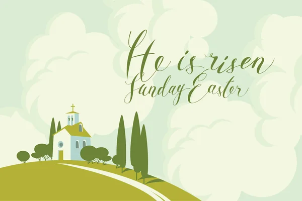 Cartão de Páscoa com igreja na colina, céu e nuvens — Vetor de Stock