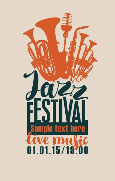 Cartel del festival de jazz con instrumentos de viento y micrófono — Vector de stock